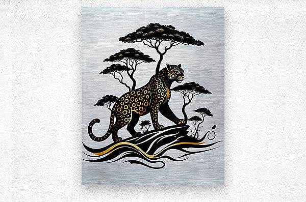Leopard wall art print with black trees, gold spots, and black and white wave lines