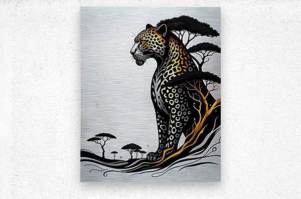 Jaguar wall art print with spotted fur in black and gold, trees, and wavy baseline