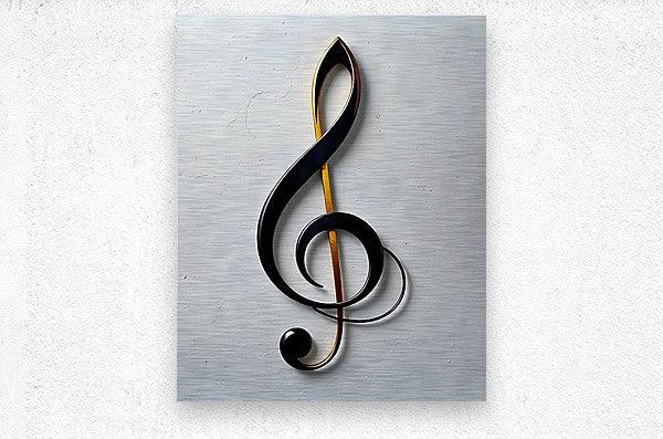 Treble clef artwork on a textured blue panel with black curls and gold accent lines