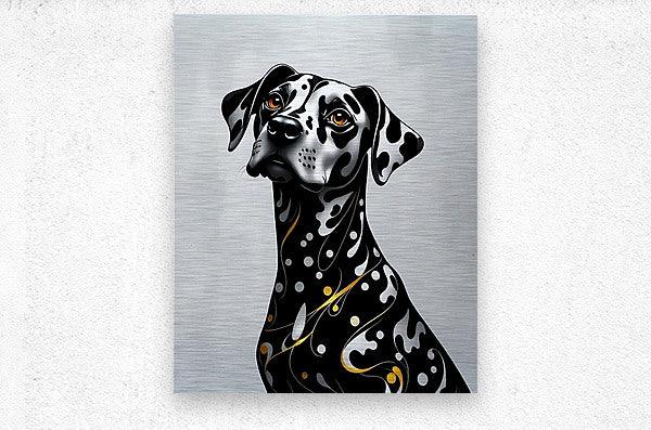Dalmatian portrait canvas art of a black-and-white dog with orange eyes and gold accents