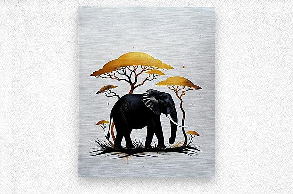 Wildlife art print of black elephants with golden acacia trees and grass