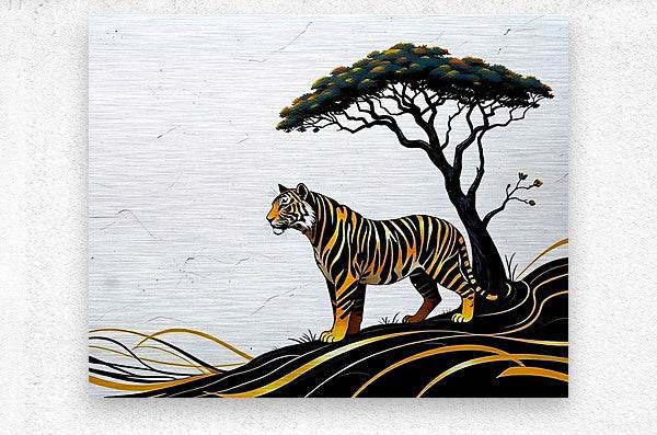 Safari tiger and savannah tree wall art close crop with black and gold waves