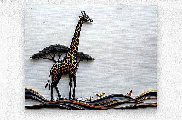 Textured canvas print of a giraffe with orange spots and dark tree over waves