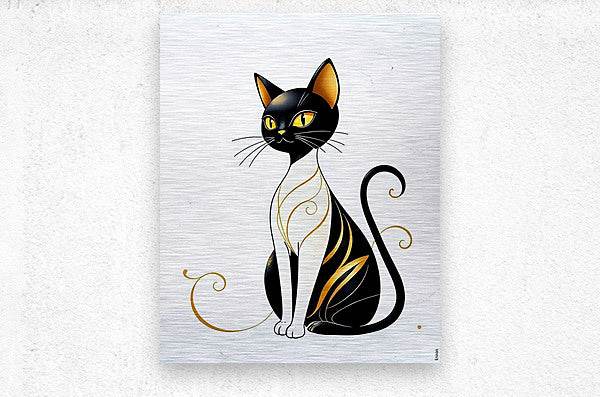 Framed cat art print, black cat with gold accents and yellow eyes with curled tail