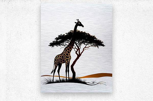 Giraffe canvas artwork with black tree canopy, spotted body, and orange stripe