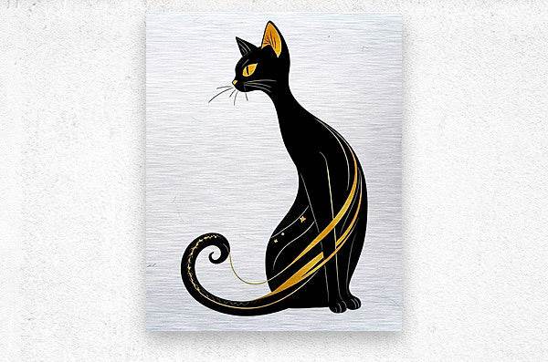 Cat art print with black feline and yellow accent stripes, curled tail and paws