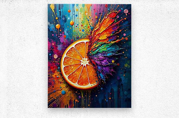 Abstract orange burst canvas print with neon slice, paint splatters, and colorful wings