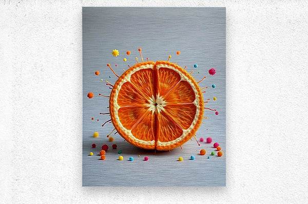 Canvas print of orange citrus half with colorful splatter dots on light blue