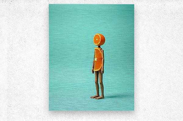 Teal abstract wall art print with orange fruit-headed figure standing