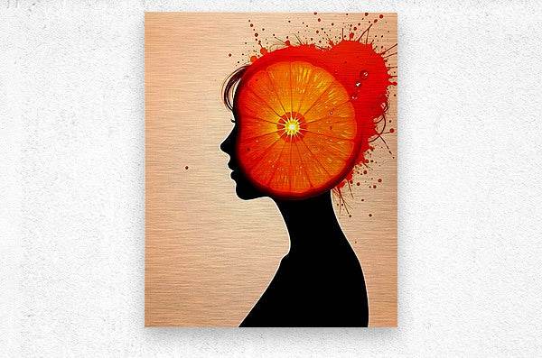 Abstract orange profile portrait artwork with glowing fruit head and red splash