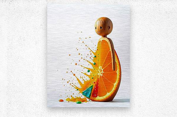 Textured wall print of abstract orange character with smiling fruit figure and colorful splash