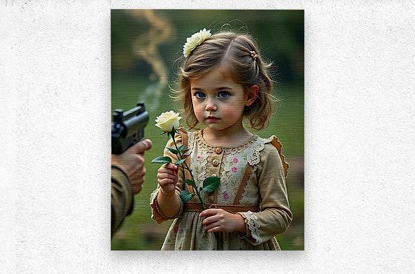 Wall art print of a young girl holding a white flower against a light wall