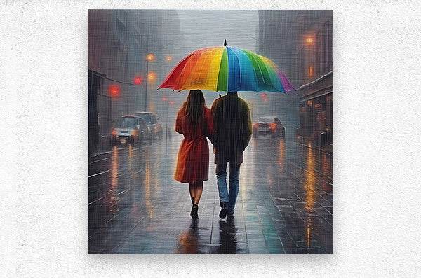Rainbow umbrella couple artwork on a square canvas, woman in red dress and man in blue jeans