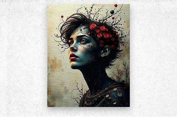 Portrait canvas art of a blue-faced woman profile with red rose blossoms and dark vines
