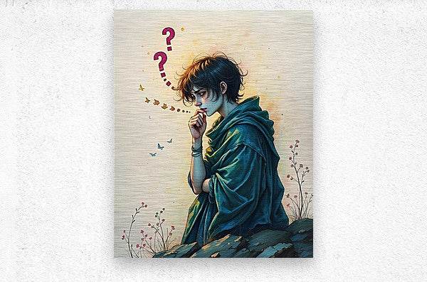 Art print: woman in teal cloak with auburn hair, finger to lips, pink question marks