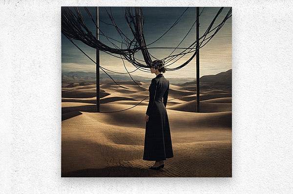 Small square desert artwork print with a woman in a dark dress under black wire arches