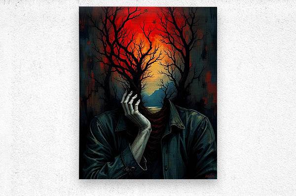 Square wall art print of a hooded figure with tree-branch head and red-orange glow