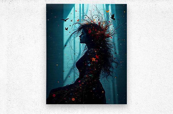 Square wall art print of a black woman profile silhouette with colorful butterflies and splatter