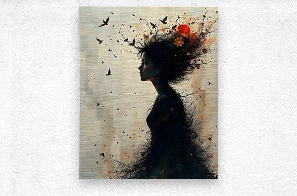 Close-up of a wall art print showing a dark-haired woman profile with birds and red bursts