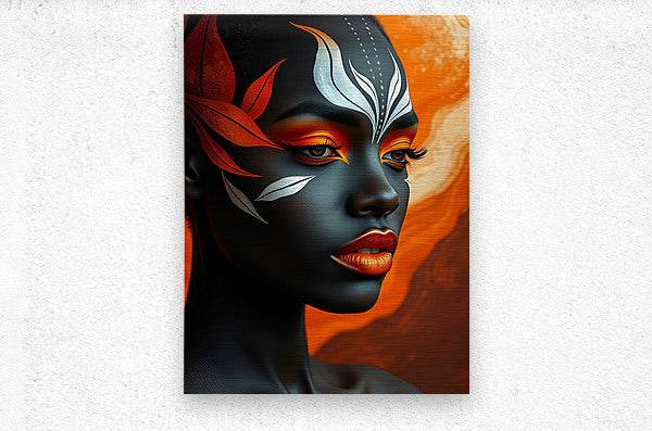 Unframed stylized face portrait wall art with orange background and red and white feather motifs