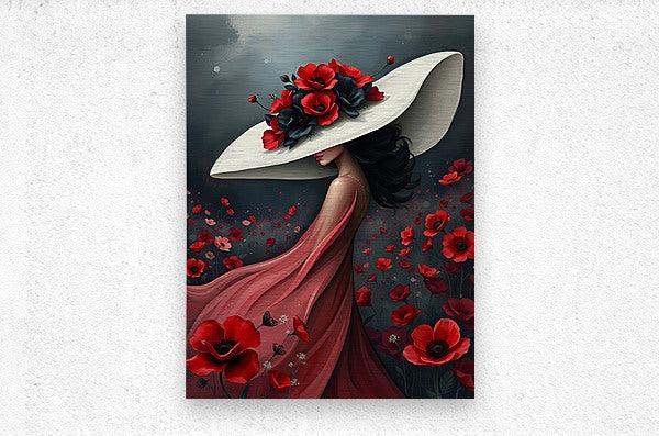 Canvas print featuring a woman in a white hat with red poppy flowers and flowing red gown