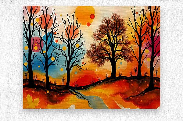 Close-up abstract autumn landscape print with silhouetted trees, orange sun, and bright path