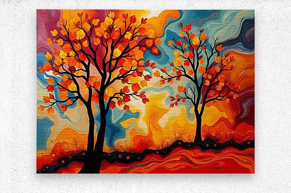 Abstract fall trees print with two black trunks, orange and blue swirling background