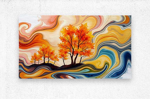 Rectangular abstract print with orange fall trees amid wavy cream, blue, and gold lines