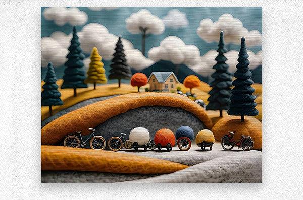 Yarn-hill bicycle journey artwork with small bikes, trees, and fluffy cloud shapes