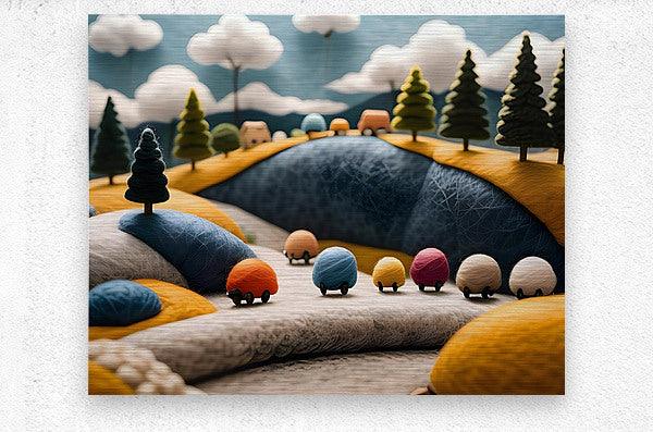 Countryside sheep toy cars print showing blue hill, pine trees, and woolly car rows