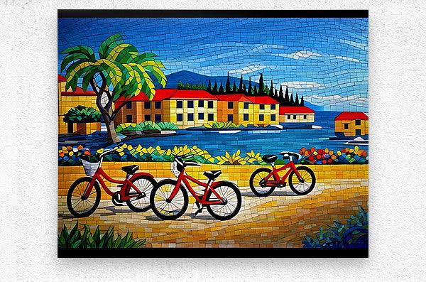 Bicycle mosaic wall art print with red bicycles and bright seaside buildings in a dark frame