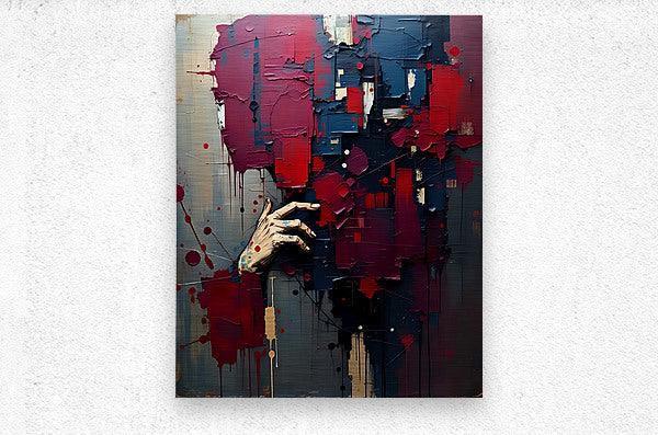 Abstract textured painting with raised hand, red and blue splashes and blocks of color