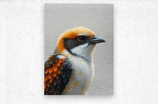 Colorful bird portrait on canvas, orange crest, black wing, white face and chest