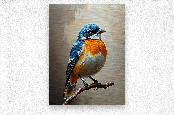 Blue and orange bird portrait on canvas wall art, perched on a twig branch