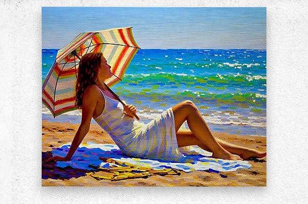 Canvas-style beach artwork of a reclining woman with striped umbrella