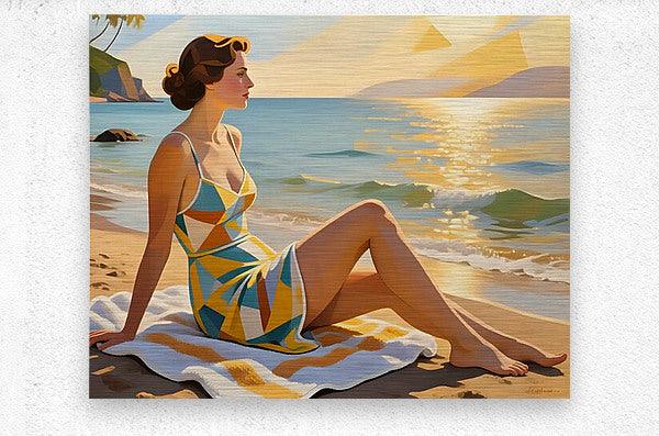 Seated woman in colorful geometric one-piece swimsuit on a beach blanket, sitting with legs bent