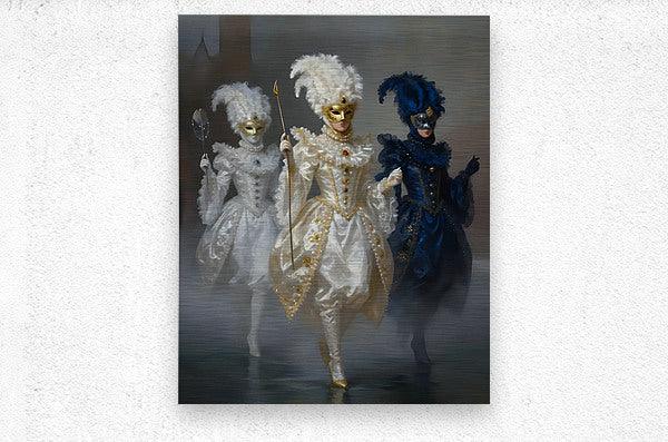 Masquerade trio art print: three masked dancers in white and blue feather costumes