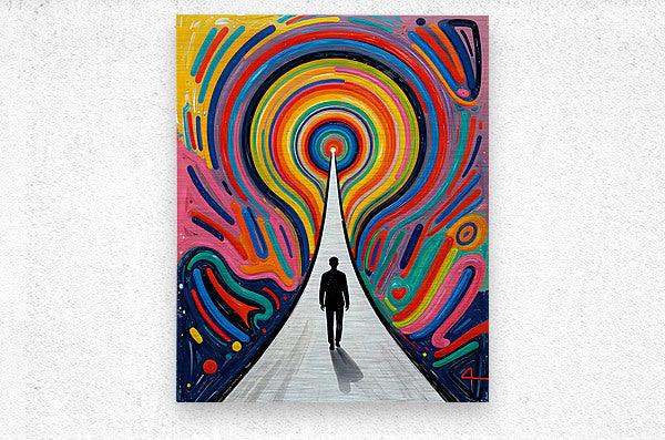 Rainbow vortex artwork with bright concentric swirl rings and a central silhouetted figure