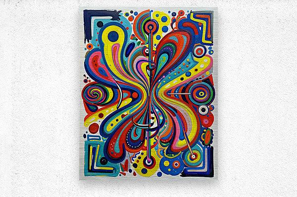 Colorful abstract art print with swirling lines, circles, and dots radiating from center