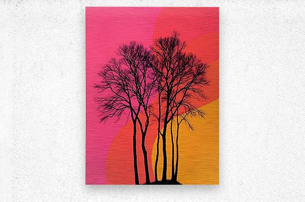 Canvas-style wall art with black tree silhouettes on pink and orange sunset gradient