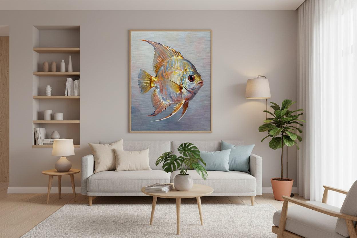 Tropical fish metal print of a colorful pufferfish on a light blue background.