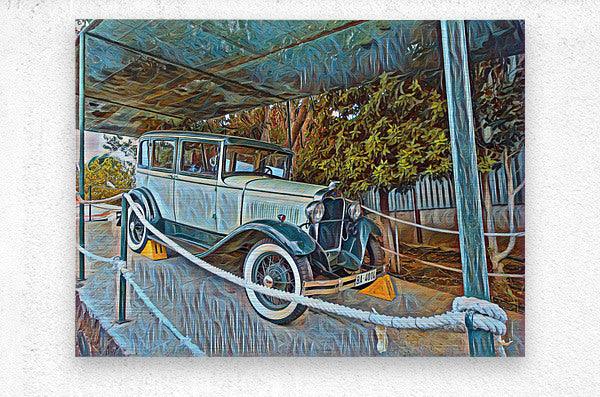 Rectangular canvas wall art showing a blue vintage car under a canopy