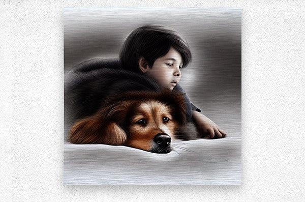 Canvas print of a child hugging a brown-and-black dog, monochrome gray