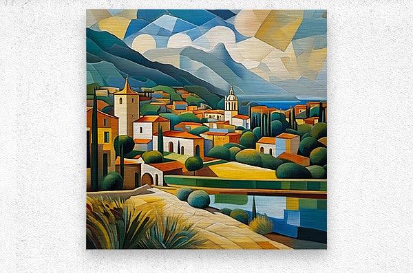 Square geometric cubist Mediterranean landscape art print with town, hills, and water reflection
