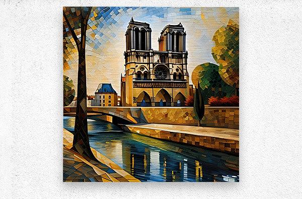 Gothic cathedral mosaic wall art print on light wall, featuring river view