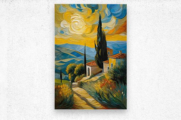 Landscape wall art with winding path, tall cypress spire, houses, and bright blue-yellow sky