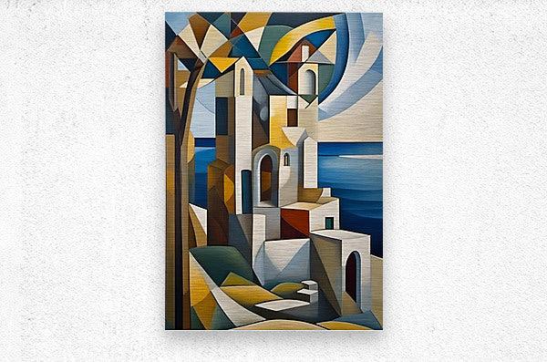 Cubist architectural wall art print with geometric buildings, white arches, and blue wave shapes