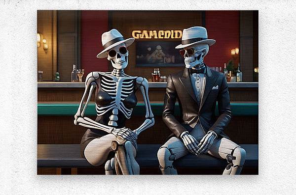 Skeleton duo print: two seated skull figures in blue hats, one in a dark suit and one striped.