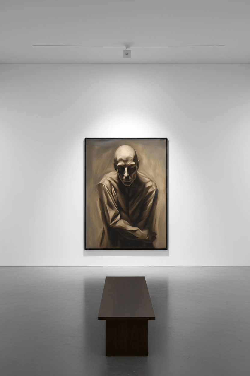 Framed monochrome skull portrait print, draped robe figure with arms crossed