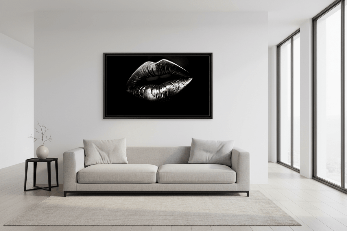 Framed lips wall art with silver-toned lips and gold speckle on black